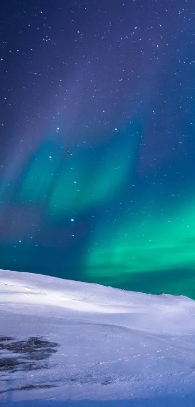 Majestic aurora borealis over snowy landscape with vibrant teal hues.
