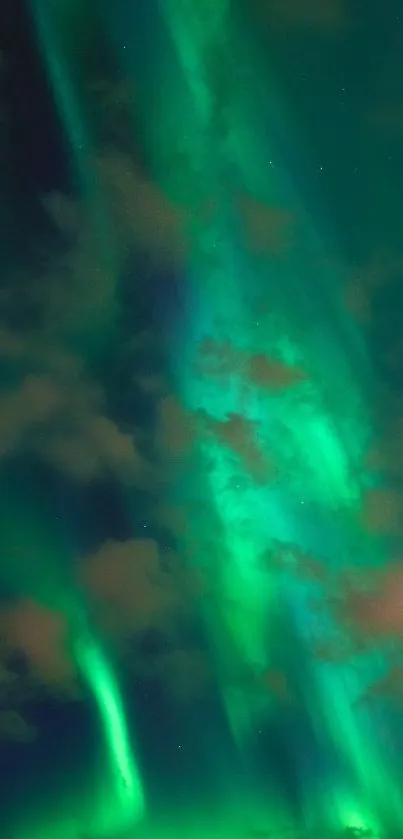 Aurora Borealis with vibrant green and turquoise colors in the night sky.