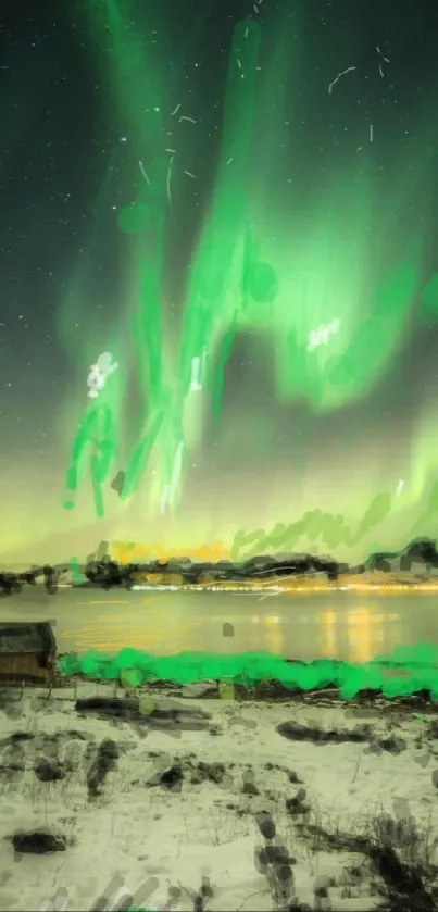 Aurora Borealis over a snowy landscape with stunning green lights.