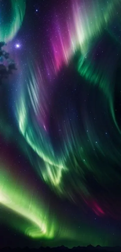 Vibrant aurora borealis lights up night sky on mobile wallpaper.