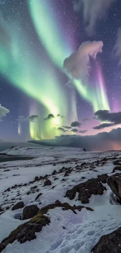 Magical aurora borealis lighting up the winter night sky.