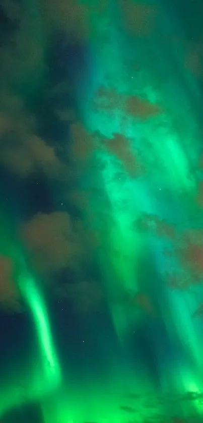 Vibrant green and blue aurora borealis mobile wallpaper with cloudy night sky.