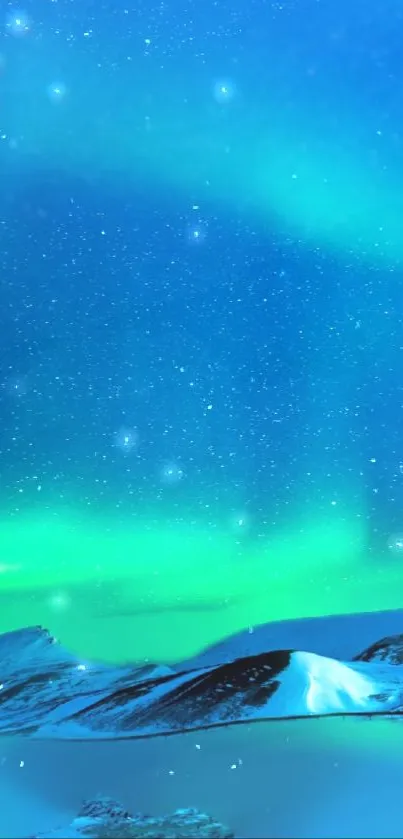 Vibrant aurora borealis over snowy mountains under a starry sky.