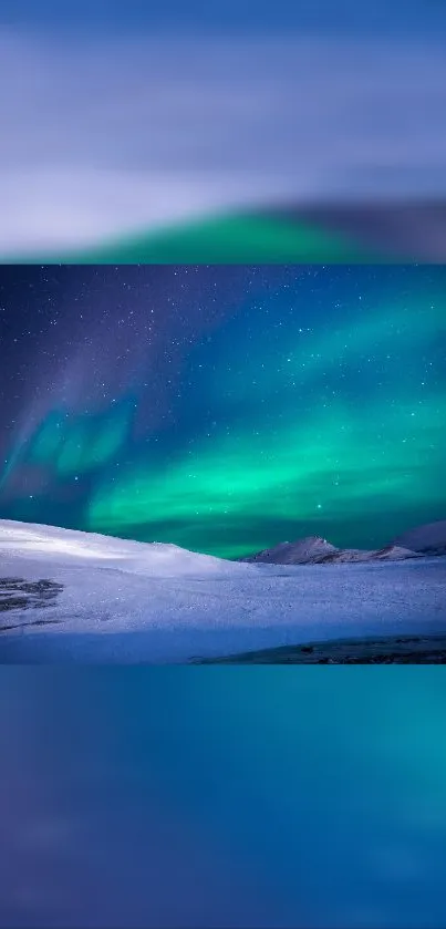 Aurora borealis with starry sky and snowy landscape.