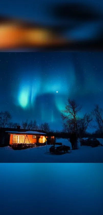 Aurora borealis over snowy landscape with cabin and trees.