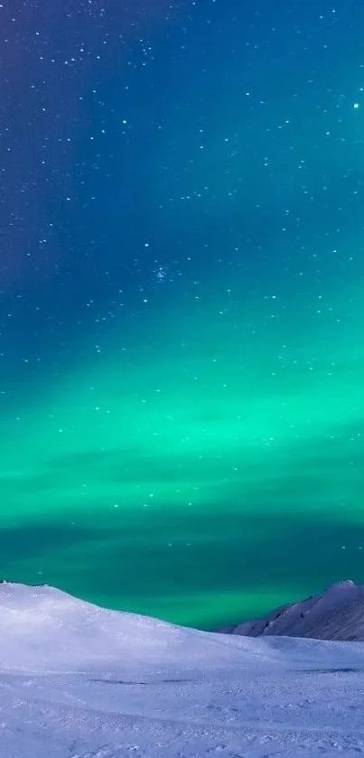 Vibrant aurora borealis over snowy landscape with a starry sky in teal blue hues.