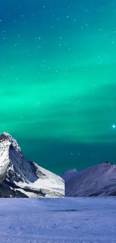 Snowy mountain under teal aurora sky.