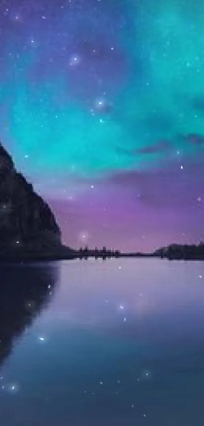 Scenic aurora borealis over a tranquil lake with mountains under a starry night sky.