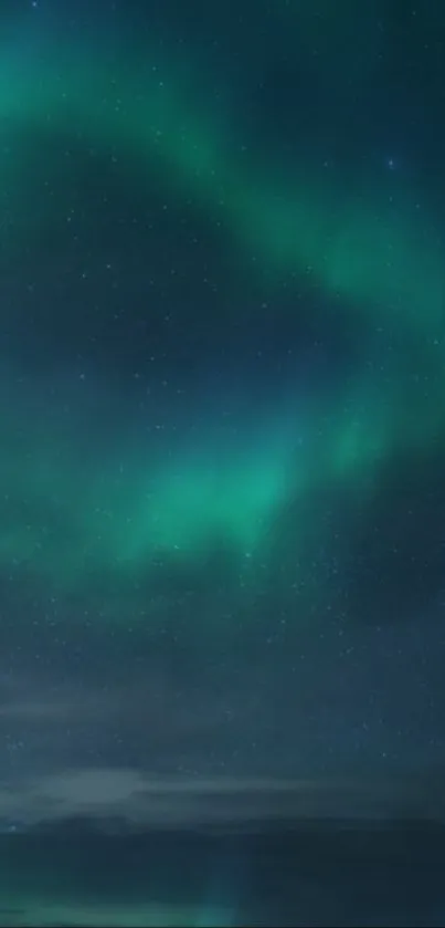 Vivid green aurora with a starry sky backdrop.