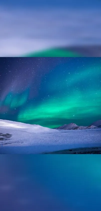 Aurora borealis over snowy mountains under a starry sky in this mobile wallpaper.