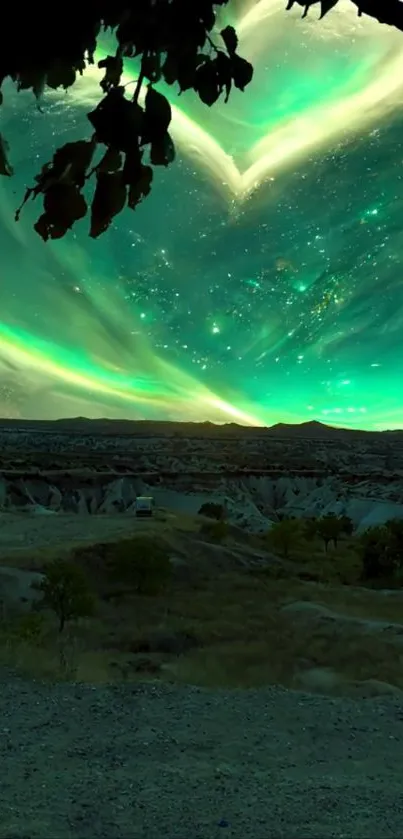 Aurora borealis night sky with stars above a serene landscape.