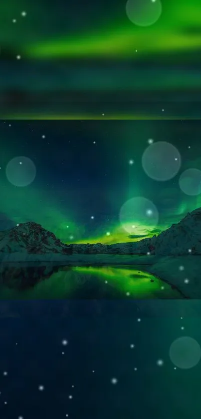 Vivid green aurora borealis over snowy mountains and reflective water at night.