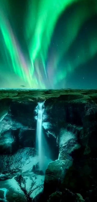 Dynamic aurora over a waterfall in a tranquil night landscape.