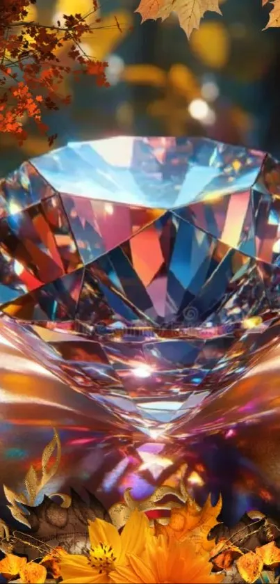 Beautiful gemstone with autumn leaves background.