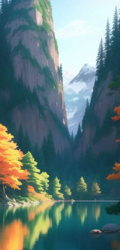 Autumn mountain lake with vibrant trees and tall peaks reflected in serene waters.