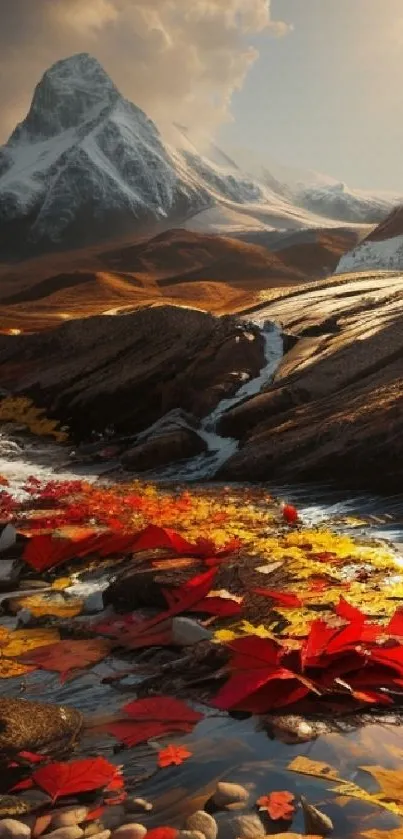 Autumn mountain landscape with red and yellow leaves.