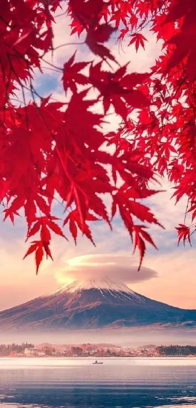 Red autumn leaves with mountain backdrop, mobile wallpaper.