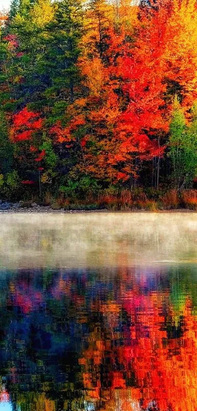 Vibrant autumn foliage reflecting in a tranquil lake.