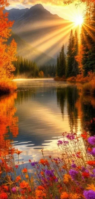Autumn sunset reflecting on a tranquil lake with vibrant foliage.