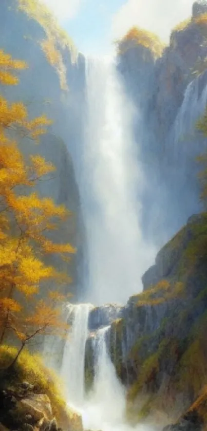 Majestic waterfall with autumn trees and golden hues.