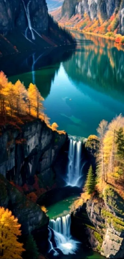 Vibrant autumn waterfall landscape with flowing water and colorful foliage.