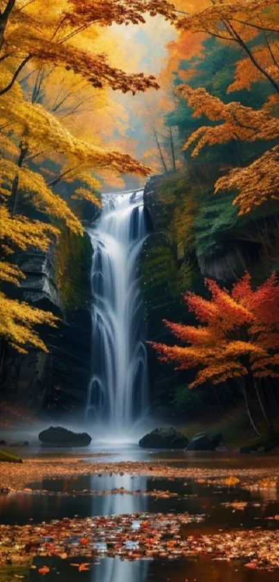 Waterfall surrounded by autumn foliage in a serene forest setting.