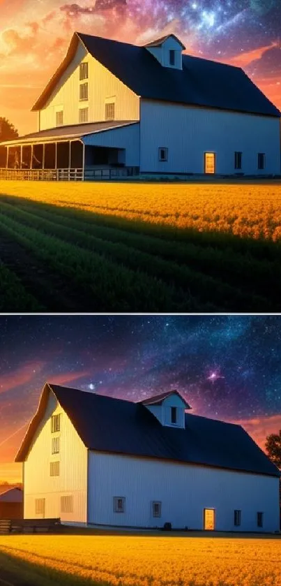 White barn under galaxy sky with golden fields at sunset.