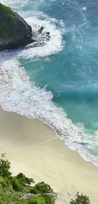 Aerial view of turquoise ocean, sandy beach, and lush greenery.