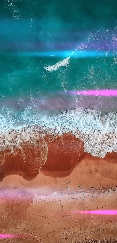 Aerial view of beach with turquoise waves.