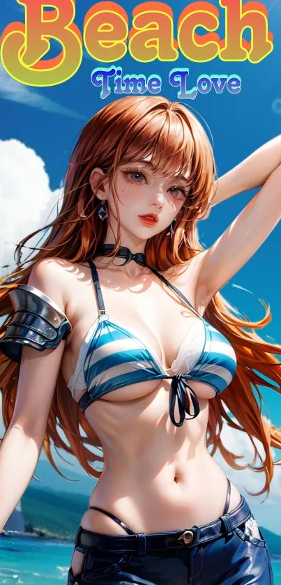 Anime girl in bikini at a sunny beach.