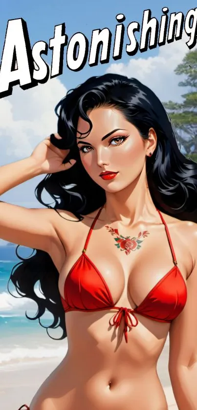 Illustrated woman in red bikini with beach background in vibrant colors.