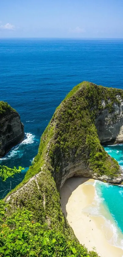 Breathtaking view of beach cliffs with azure ocean waves and golden sand.