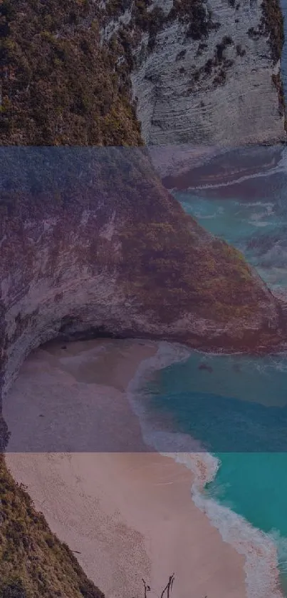 A stunning view of a beach surrounded by cliffs and turquoise waters.