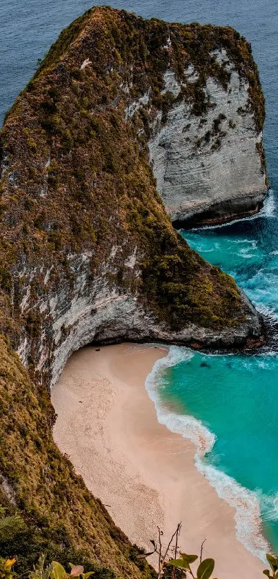 A stunning beach cliff with turquoise waters and sandy shore creates serene natural beauty.