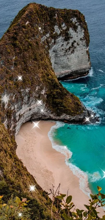 Scenic view of a beach cliff with turquoise ocean waves.