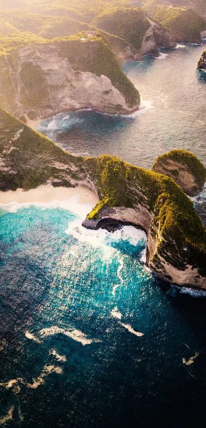 Aerial view of turquoise ocean waves crashing against stunning white cliffs.