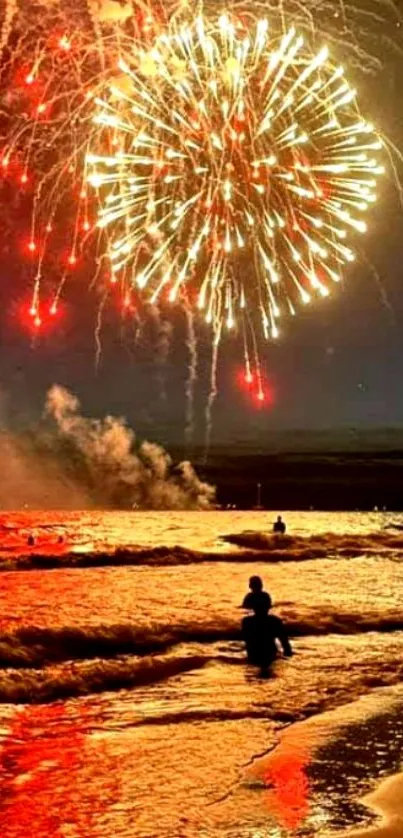 Vibrant fireworks exploding over a beach at night, reflecting on the ocean waves.