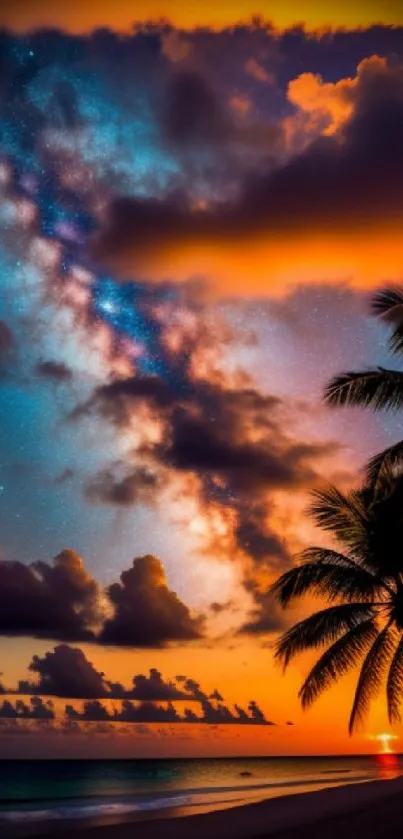 Beach at twilight with galaxy view and silhouetted palm trees.