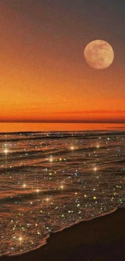 Beach at sunset with full moon reflecting on waves.