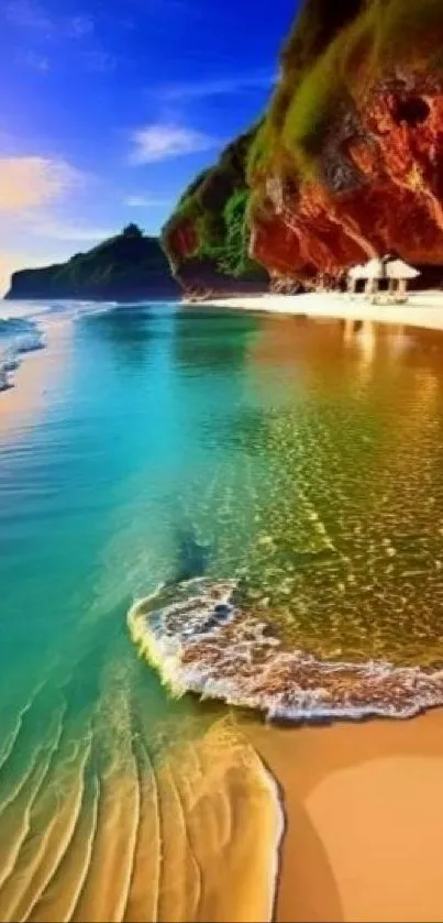 A tropical beach at sunset with vibrant waves and a rocky cliff.