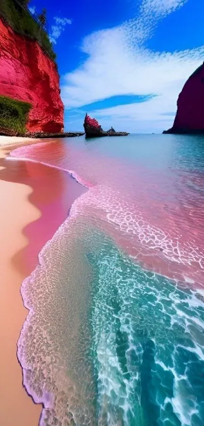 Beautiful beach with pink sand and clear blue water.