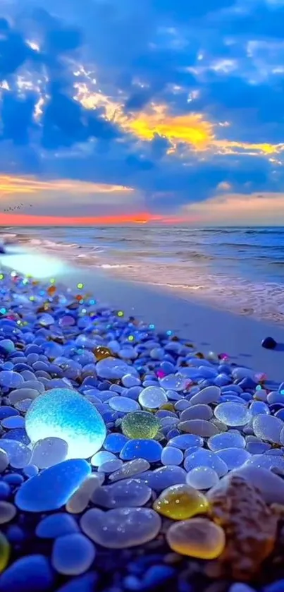 Vibrant pebbles and ocean sunset wallpaper with a stunning view.