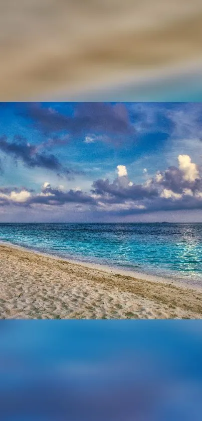 Beautiful beach scene with blue ocean and sky.