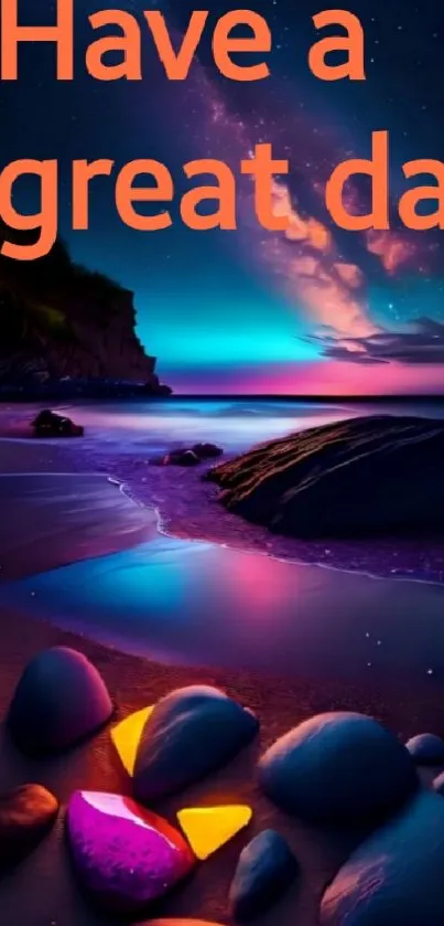 Purple sunrise beach with inspirational message.
