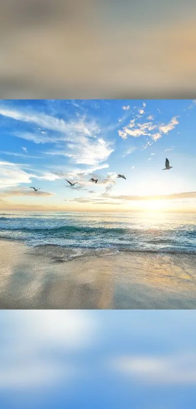 Beach sunrise with seagulls flying over ocean waves and blue sky.