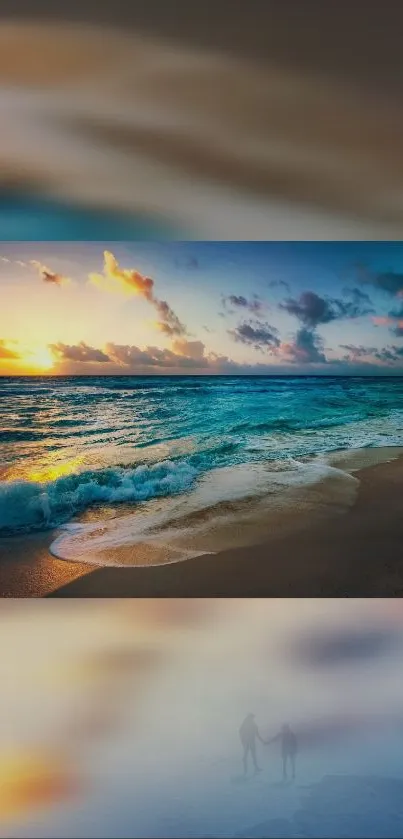 Breathtaking sunrise over serene beach with vibrant ocean waves.