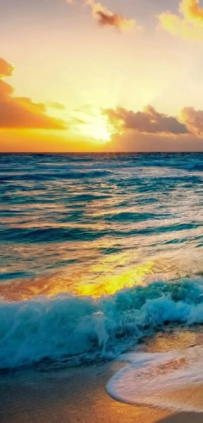 Vibrant sunset over ocean waves with sandy beach.