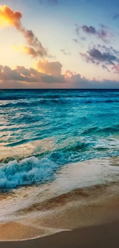 Breathtaking sunset over a serene beach with vibrant waves.