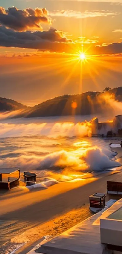 A stunning beach sunset with golden waves crashing gently on the shore.