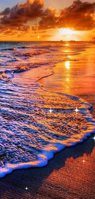 Luminous sunset over ocean waves on a tranquil beach.